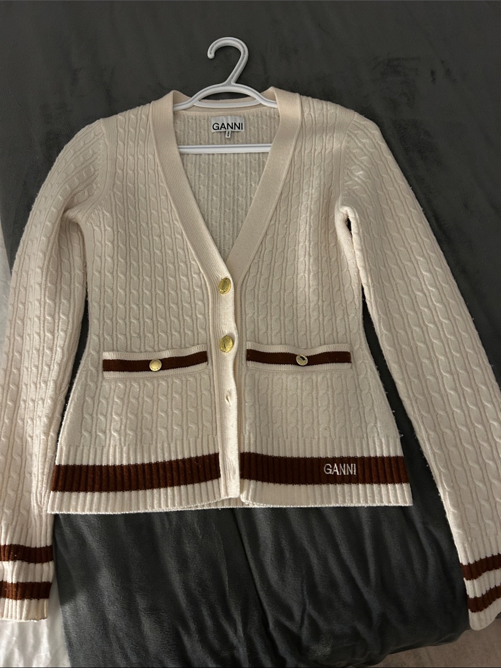 Ganni Cream Cable-Knit Cardigan with Brown Trim and Gold Buttons